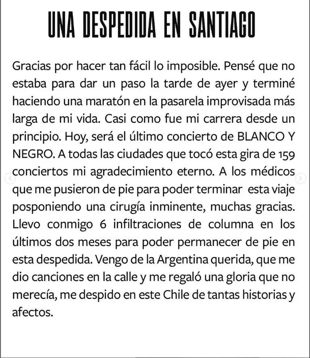 Comunicado oficial de Ricardo Arjona anunciando su retiro temporal de la música/Foto: Instagram