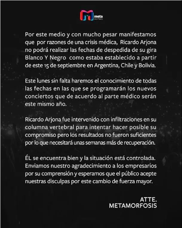 Comunicado sobre la preprogramación de lso conciertos de Ricardo Arjona por sus problemas lumbares en septiembre de este año/Foto: Instagram