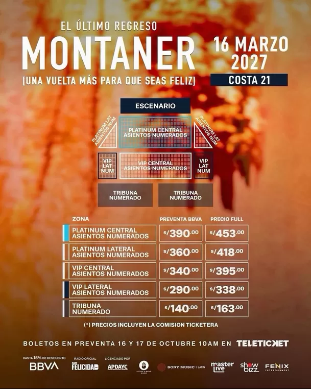 Precios de entradas para el concierto de Ricardo Montaner en Lima 2027 / IG: @masterliveperu Precios de entradas para el concierto de Ricardo Montaner en Lima 2027 / IG: @masterliveperu