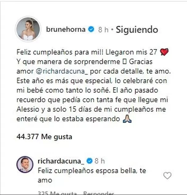 Mensaje de Brunella Horna por su cumpleaños en Instagram/Foto: Instagram