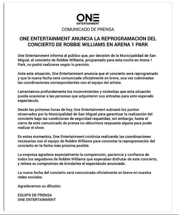 Anuncian reprogramación del concierto de Robbie Williams / IG: One Entertainment