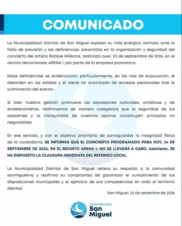 Municipalidad de San Miguel canceló segundo concierto de Robbie Williams / Foto: Municipalidad de San Miguel