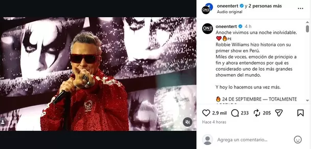 La Municipalidad de San Miguel anunció que el concierto de Robbie Williams programado para este 24 de septiembre en Arena 1 no se realizará, tras advertir deficiencias en la organización y seguridad del evento del día anterior Foto: IG One Entertainment La Municipalidad de San Miguel anunció que el concierto de Robbie Williams programado para este 24 de septiembre en Arena 1 no se realizará, tras advertir deficiencias en la organización y seguridad del evento del día anterior Foto: IG One Entertainment