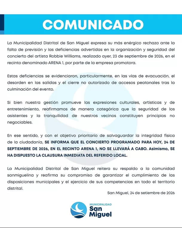 Municipalidad de San Miguel canceló segundo concierto de Robbie Williams en el Arena 1 Park / IG: @municipalidadsanmiguel Municipalidad de San Miguel canceló segundo concierto de Robbie Williams en el Arena 1 Park / IG: @municipalidadsanmiguel