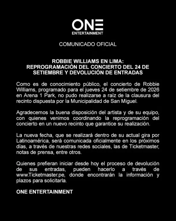 Inicia proceso de devolución de entradas tras cancelación del segundo concierto de Robbie Williams en Lima / @oneentert Inicia proceso de devolución de entradas tras cancelación del segundo concierto de Robbie Williams en Lima / @oneentert