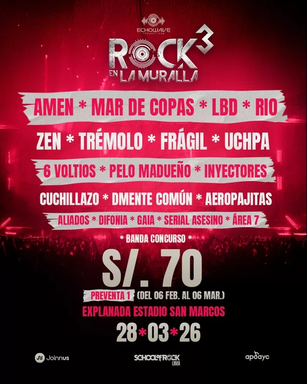 Rock en La Muralla 2026 se realizará este 28 de marzo en San Marcos con más de 20 bandas nacionales y dos escenarios. Foto: Difusión