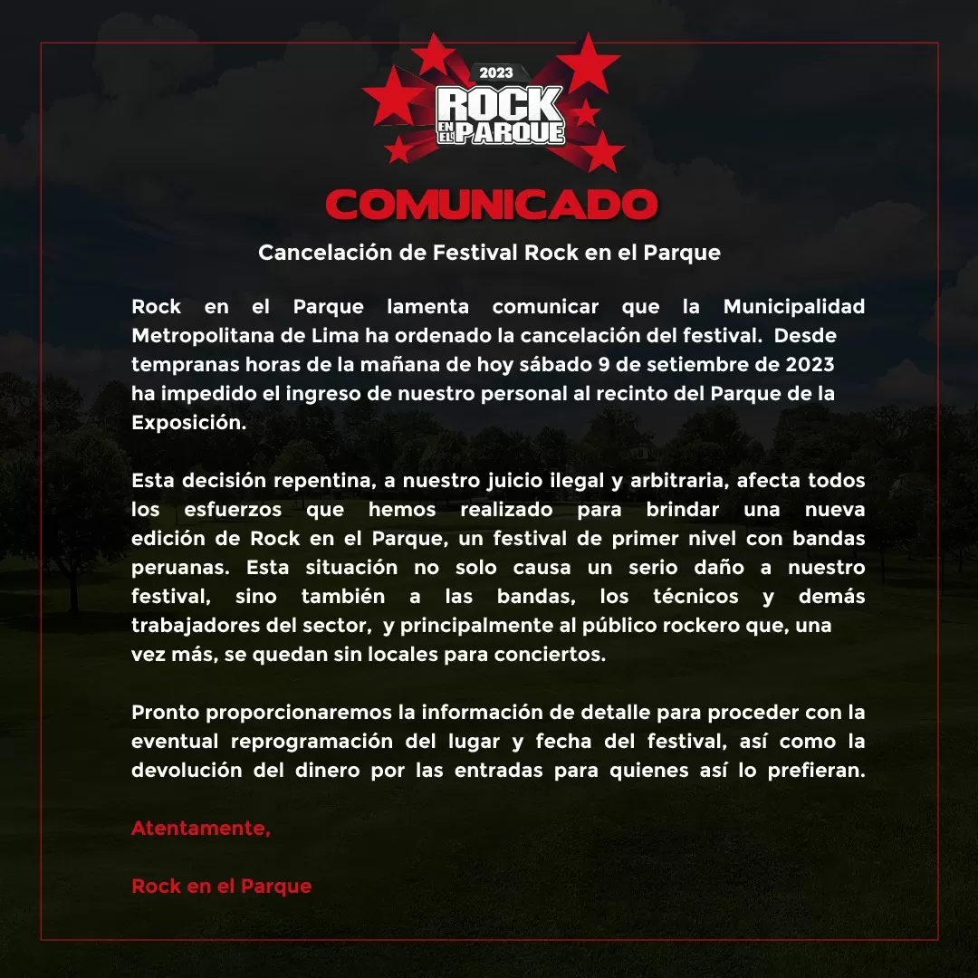 Comunicado sobre la cancelación del 'Rock en el Parque 2023' / Difusión