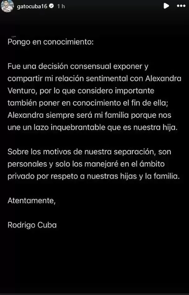 Comunicado de Rodrigo Cuba sobre su separación de Ale Venturo / Instagram