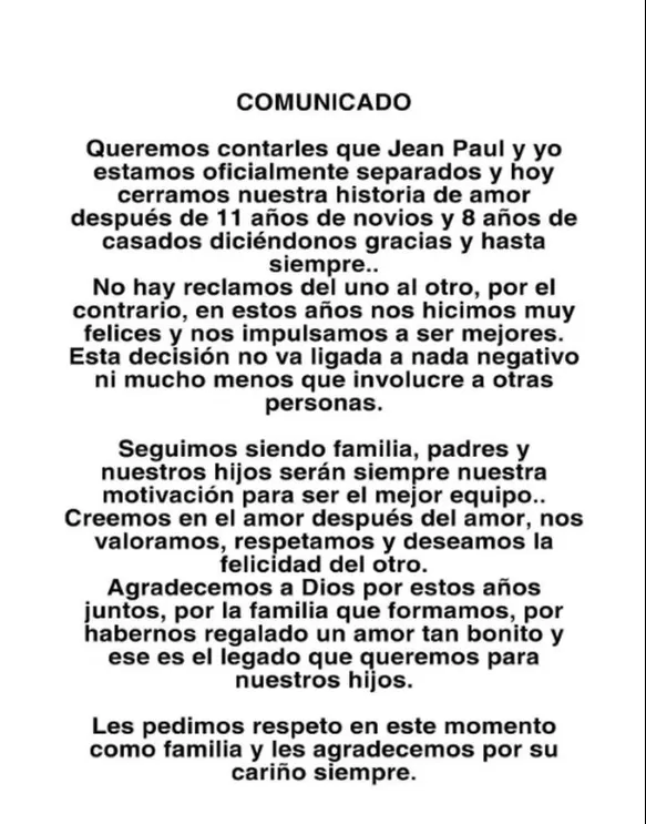 Comincado enviado por Romina Gachoy y Jean Paul Santa María anunciando su separación/ Foto: Instagram