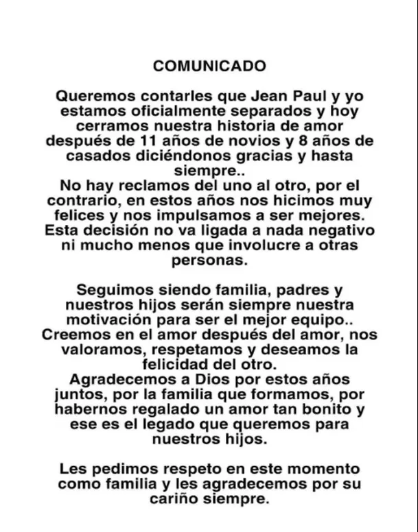 Comincado enviado por Romina Gachoy y Jean Paul Santa María anunciando su separación/ Foto: Instagram