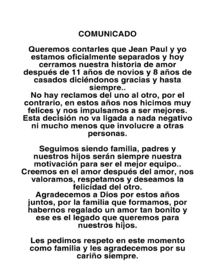Comincado enviado por Romina Gachoy y Jean Paul Santa María anunciando su separación/ Foto: Instagram