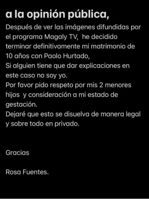 Comunicado de Rosa Fuentes en marzo tras ampay de Paolo Hurtado con Jossmery Toledo/Foto: Instagram