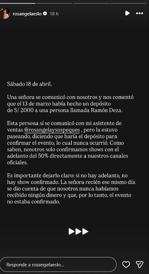 Rosángela Espinoza advirtió a sus seguidores sobre una modalidad de estafa que utiliza su nombre para vender shows infantiles falsos. Foto: Instagram