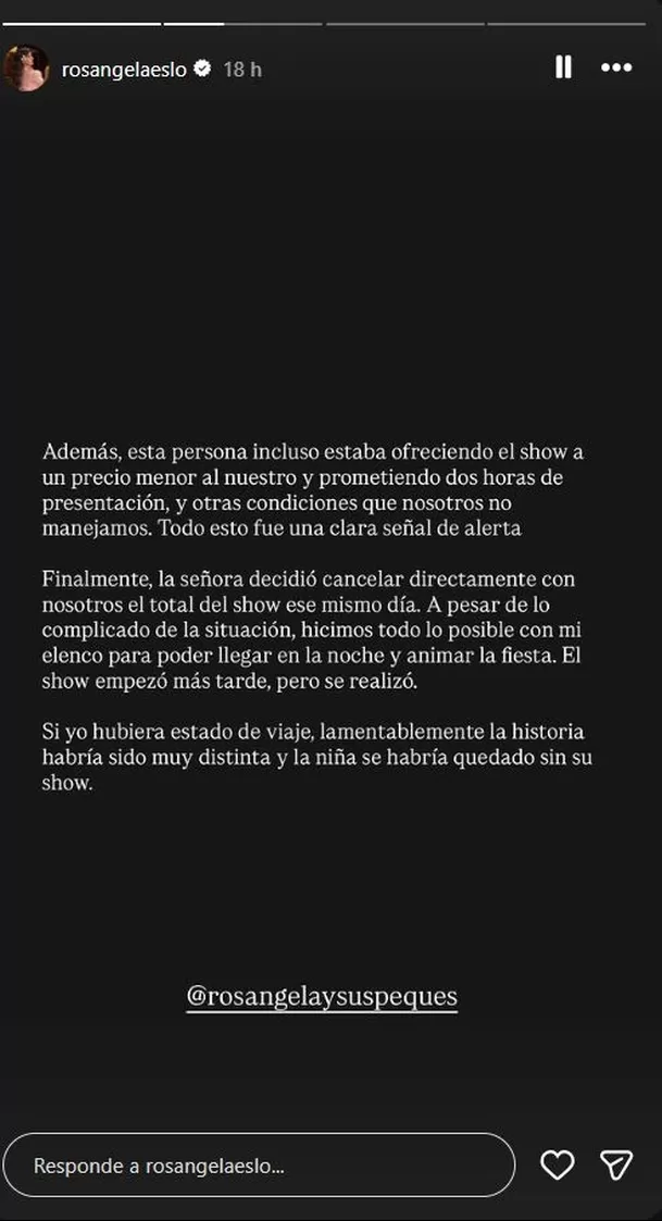 Rosángela Espinoza advirtió a sus seguidores sobre una modalidad de estafa que utiliza su nombre para vender shows infantiles falsos. Foto: Instagram