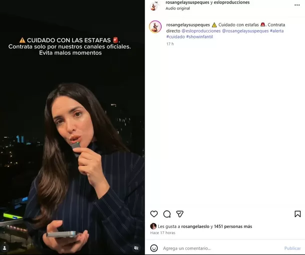 Rosángela Espinoza advirtió a sus seguidores sobre una modalidad de estafa que utiliza su nombre para vender shows infantiles falsos.