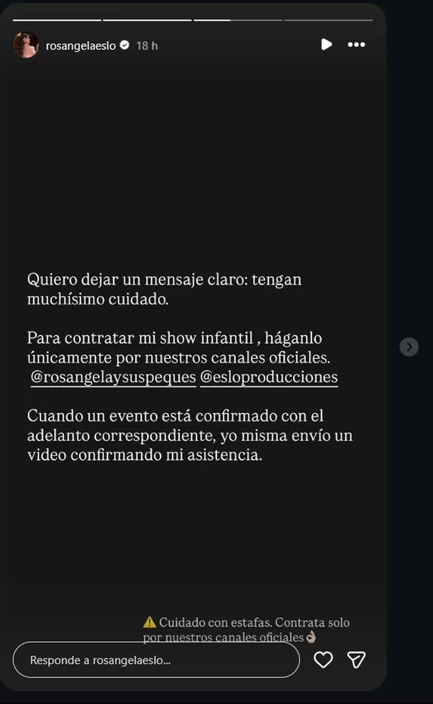 Rosángela Espinoza advirtió a sus seguidores sobre una modalidad de estafa que utiliza su nombre para vender shows infantiles falsos. Foto: Instagram