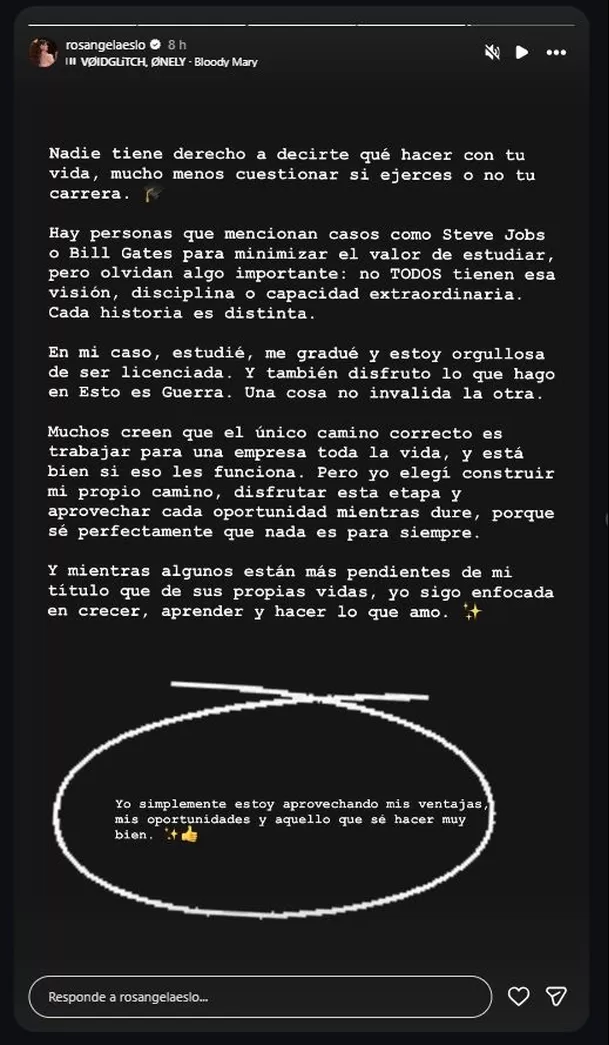 La ‘Chica Selfie’ sacó pecho por su título universitario y lanzó fuertes indirectas tras los comentarios de Melissa Loza sobre su carrera. Foto: Instagram