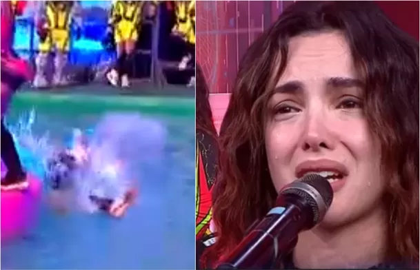 Patricio esperaba a Rosángela Espinoza en la isla flotante, pero al momento en el que ella intentó balancearse hacia su compañero, cayó abruptamente a la piscina. Foto: América TV