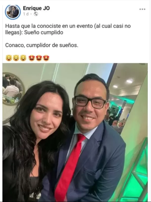La imagen, compartida por el propio Jerí en su cuenta de Facebook en el año 2021, lo muestra posando junto a la popular modelo e influencer. Foto: Facebook
