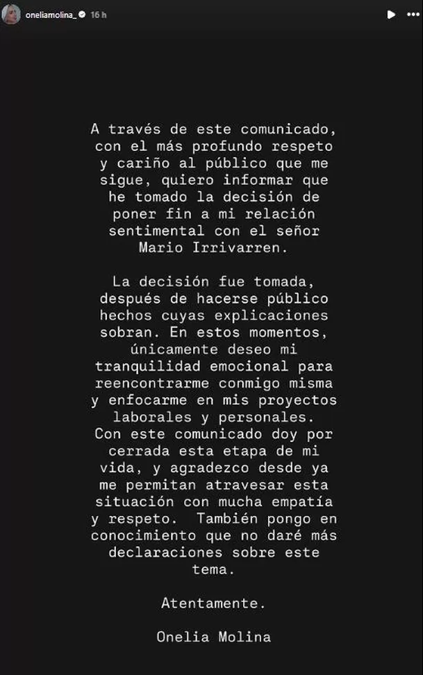 Onelia Molina terminó romance con Mario Irivarren tras ampay / Instagram