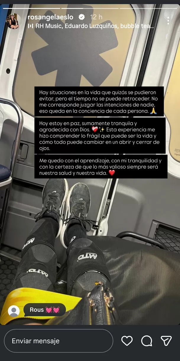 Rosángela Espinoza publicó reflexivo mensaje tras accidente/Captura Rosángela Espinoza publicó reflexivo mensaje tras accidente/Captura