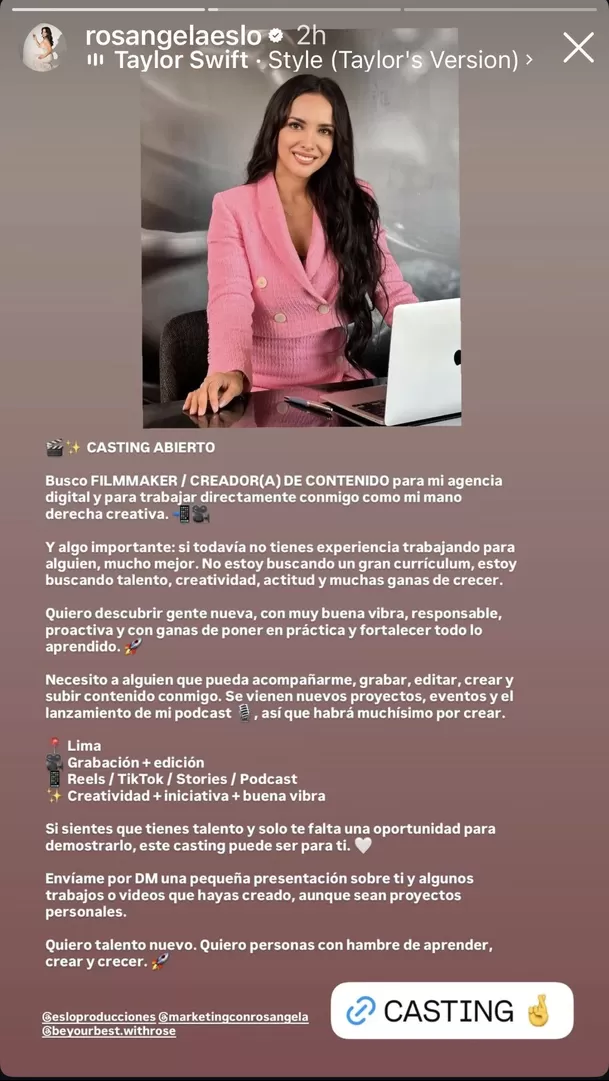 Rosángela Espinoza detalló el perfil que necesita para acompañarla. Video: Instagram @rosangelaeslo Rosángela Espinoza detalló el perfil que necesita para acompañarla. Video: Instagram @rosangelaeslo