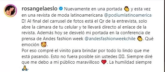 Mensaje de Rosángela Espinoza en Instagram/Foto: Instagram