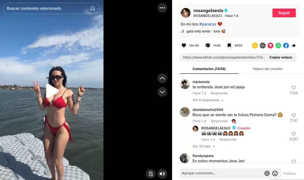 Desde Paracas, la influencer lanzó su guiño ante los comentarios de José Jerí. Foto: TikTok Desde Paracas, la influencer lanzó su guiño ante los comentarios de José Jerí. Foto: TikTok