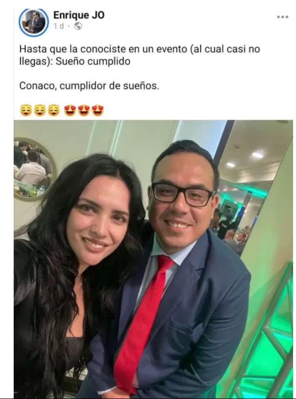 La imagen, compartida por el propio Jerí en su cuenta de Facebook en el año 2021, lo muestra posando junto a la popular modelo e influencer. Foto: Facebook 