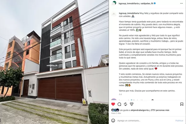 Said Palao sorprendió al anunciar que su proyecto inmobiliario logró vender todos los departamentos y expresó su emoción en redes. Video: Instagram Said Palao sorprendió al anunciar que su proyecto inmobiliario logró vender todos los departamentos y expresó su emoción en redes. Video: Instagram
