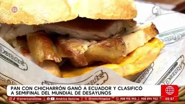 El tradicional pan con chicharrón, con su infaltable tamal, volvió a imponerse en el “Mundial de Desayunos”. Foto: América TV El tradicional pan con chicharrón, con su infaltable tamal, volvió a imponerse en el “Mundial de Desayunos”. Foto: América TV