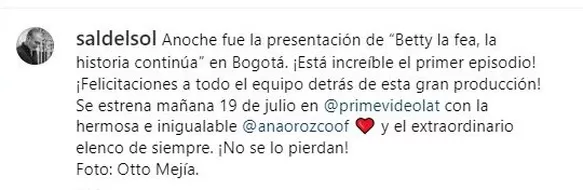 Mensaje de salvador del Solar para Aana María orozco, tras el estreno de 'Betty la fea, la historia continúa'/Foto: Instagram