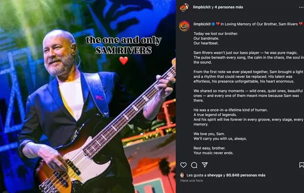 El fallecimiento de Sam Rivers ha generado múltiples reacciones en redes sociales, donde fanáticos y músicos expresaron sus condolencias por la partida de uno de los pilares del nu metal. Foto: Instagram