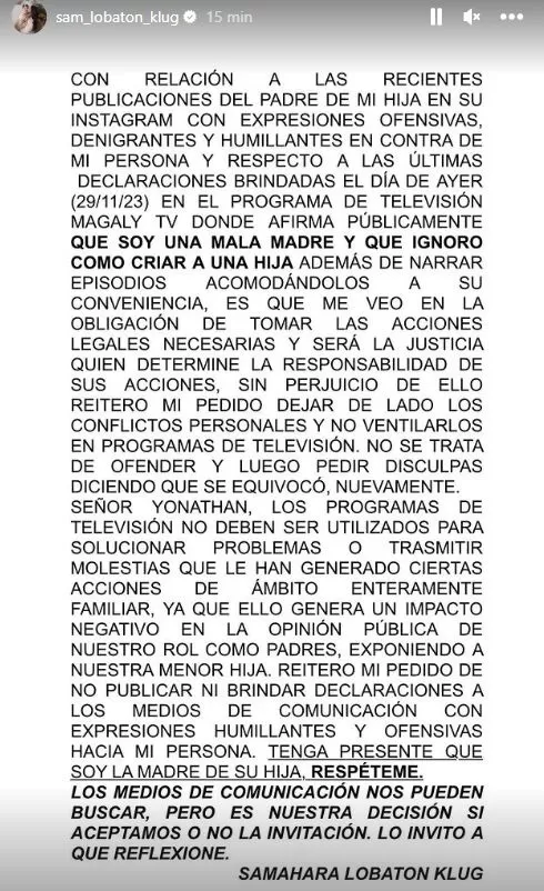 Samahara Lobatón anunció demanda en contra de Youna / Instagram