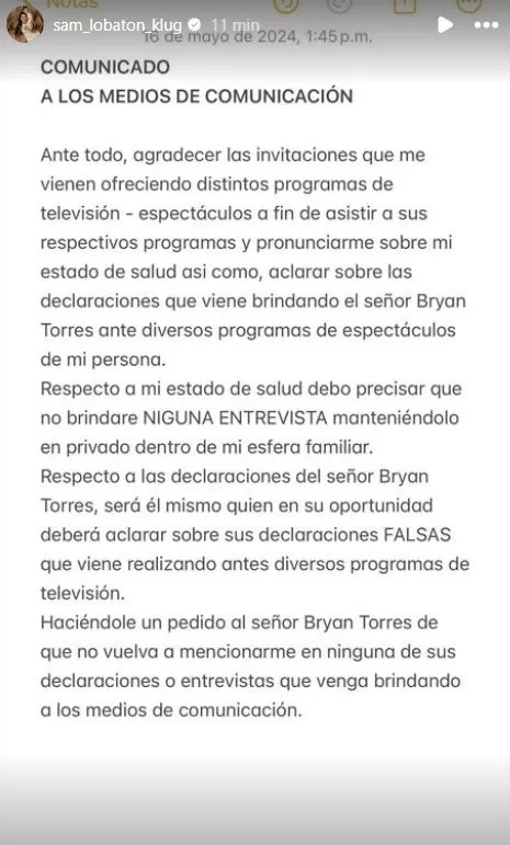 Comunicado de Samahara Lobatón tras declaraciones de Bryan Torres / Instagram