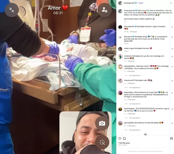 Bryan Torres vio el parto de su tercer bebé por videollamada. Fuente: Instagram