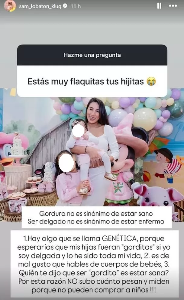 Samahara Lobatón "cuadró" al usuario por decir que sus hijas estaban "muy flaquitas" / Instagram