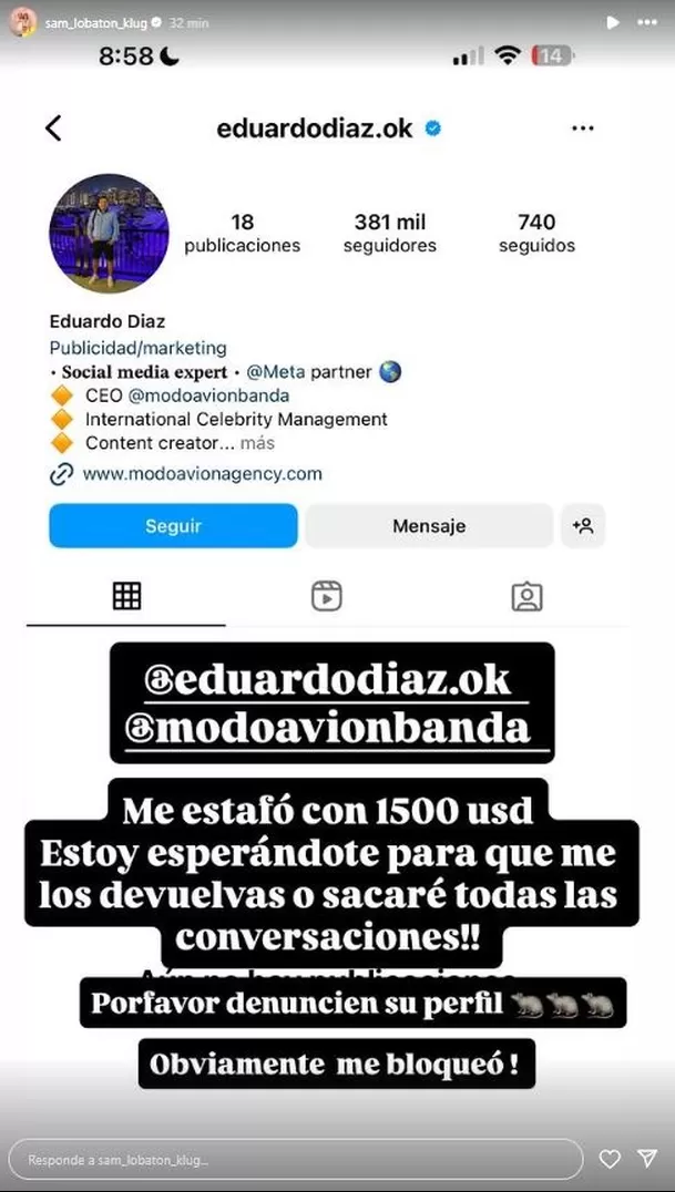 Samahara Lobatón expuso a la persona que la habría estafado. Fuente: Instagram