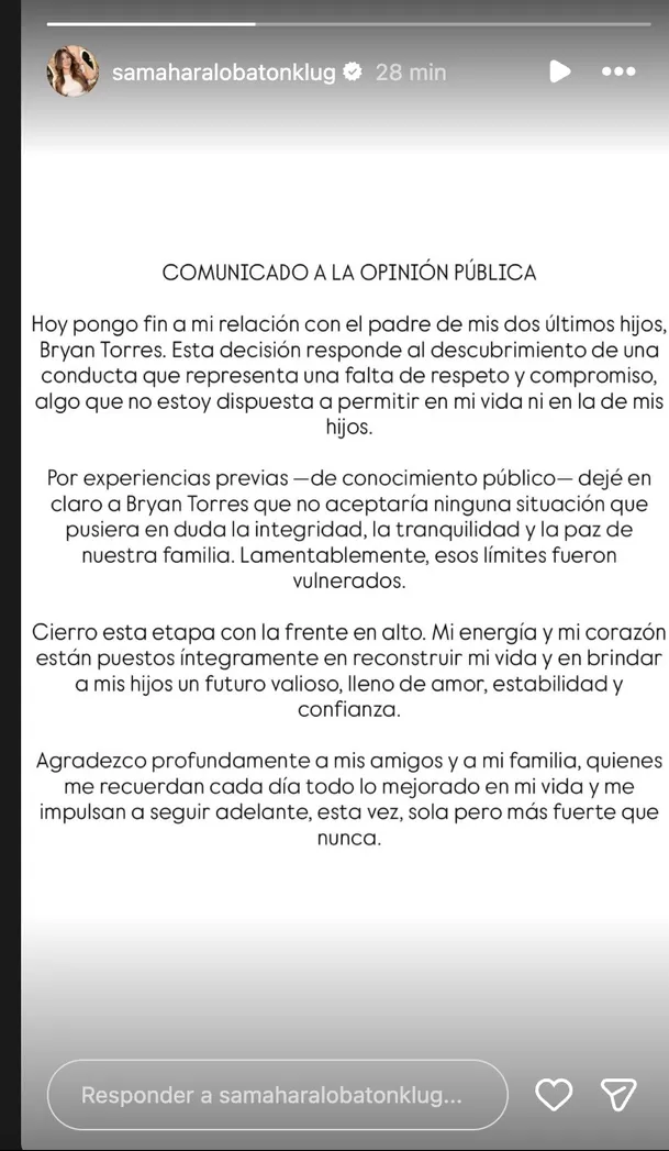 En su mensaje, enfatizó que la conducta de Bryan no fue un hecho aislado. Foto: Instagram En su mensaje, enfatizó que la conducta de Bryan no fue un hecho aislado. Foto: Instagram