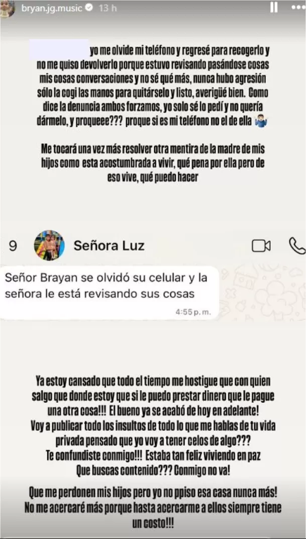Bryan Torres aseguró que sufre "hostigamiento" de parte de Samahara Lobatón y negó agresión / IG: @bryan.jg.music Bryan Torres aseguró que sufre "hostigamiento" de parte de Samahara Lobatón y negó agresión / IG: @bryan.jg.music