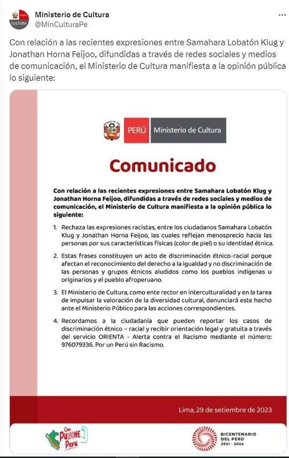 Ministerio de Cultura se pronuncia tras audios racistas de Samahara Lobatón y Yonathan Horna / Twitter