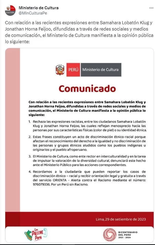 Ministerio de Cultura se pronuncia tras audios racistas de Samahara Lobatón y Yonathan Horna / Twitter