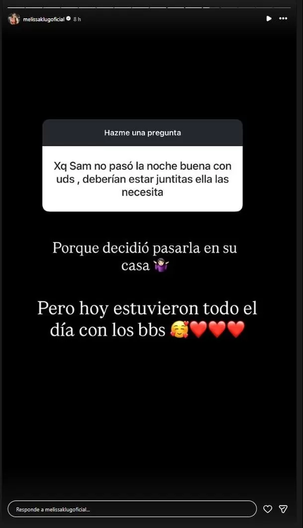 Melissa Klug respondió a sus seguidores en Instagram sobre la ausencia de su hija Samahara en la cena navideña.