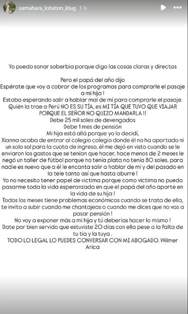 Samahara afirmó que Youna le debe 25 mil soles por devengados y un mes de pensión, y que su hija está fuera del país porque ella lo decidió así, priorizando su bienestar.