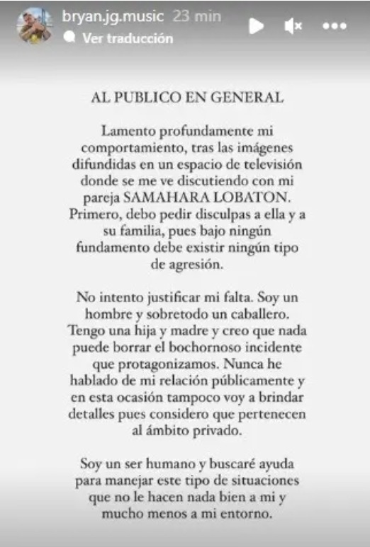 Bryan Torres pidió disculpas a Samahara Lobatón tras agredirla. Foto: Instagram