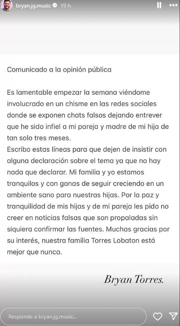 Bryan Torres negó infidelidad a Samahara Lobatón tras difusión de chats / Instagram