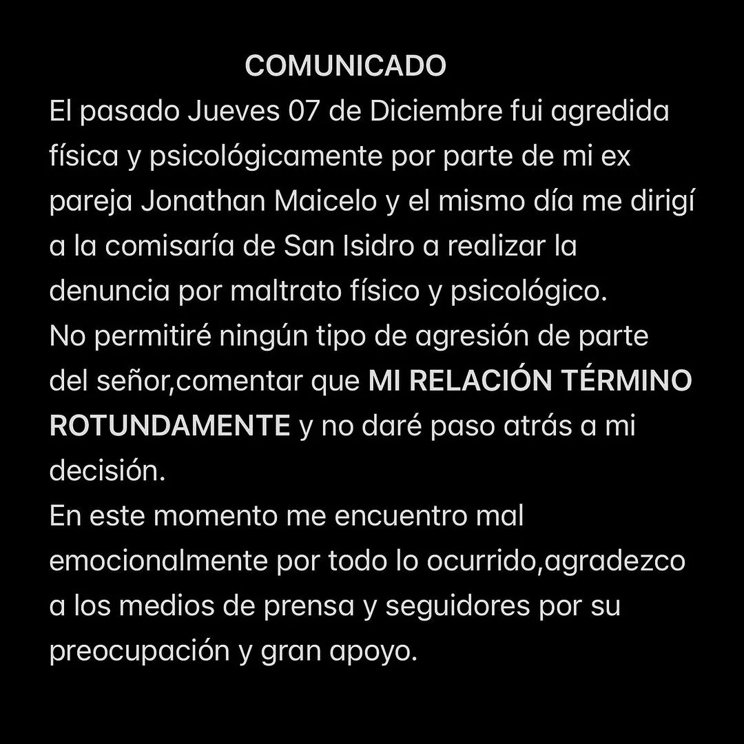 Comunicado de Samantha Batallanos. Fuente: Instagram