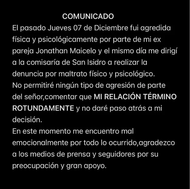 Comunicado de Samantha Batallanos ratificando su denuncia contra Jonathan Maicelo y dando por finalizada su relación con el deportista/Foto: Instagram