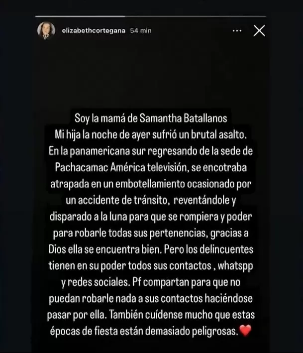 La madre de Samantha Batallanos informó el robo de la modelo/Foto: Instagram 