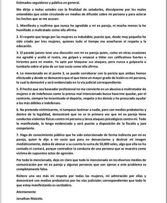 Jonathan Maicelo niega agresión contra Samantha Batallanos y la acusa de extorsión / Instagram